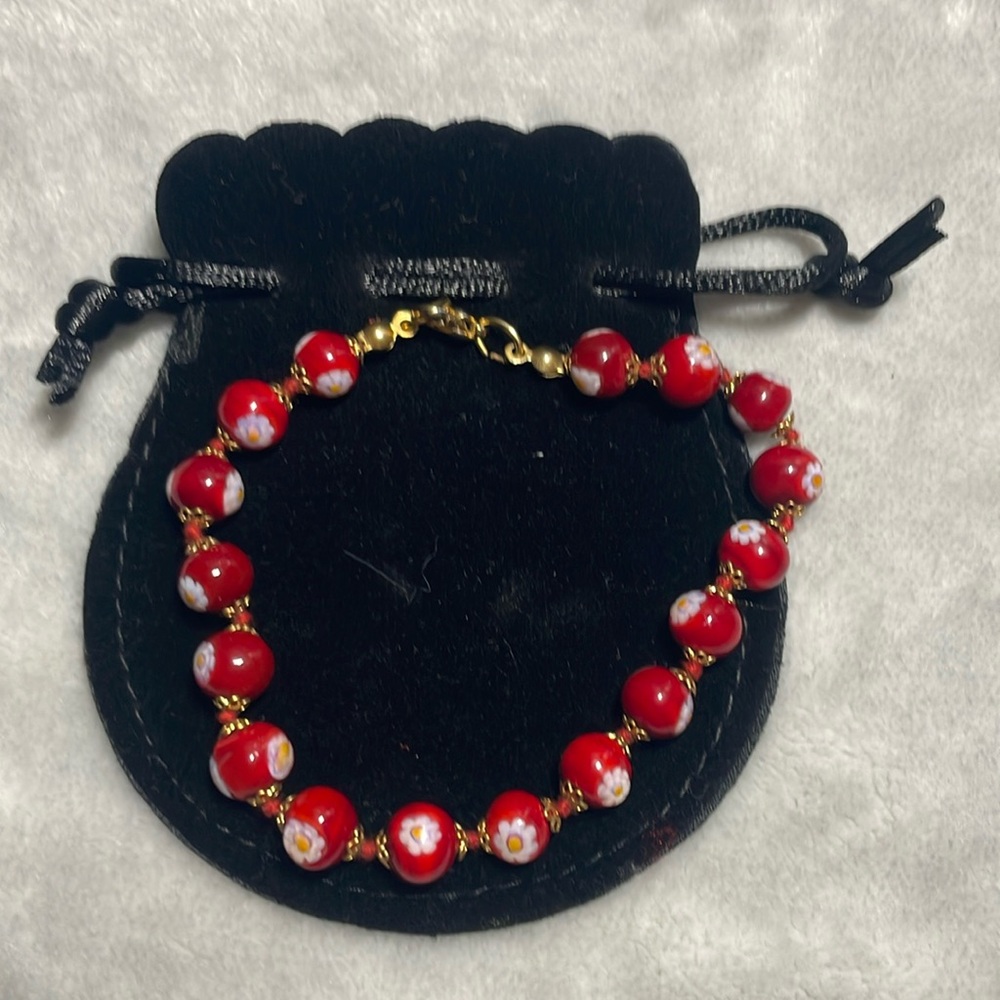 Woman’s  glass murano bead, red flower bracelet